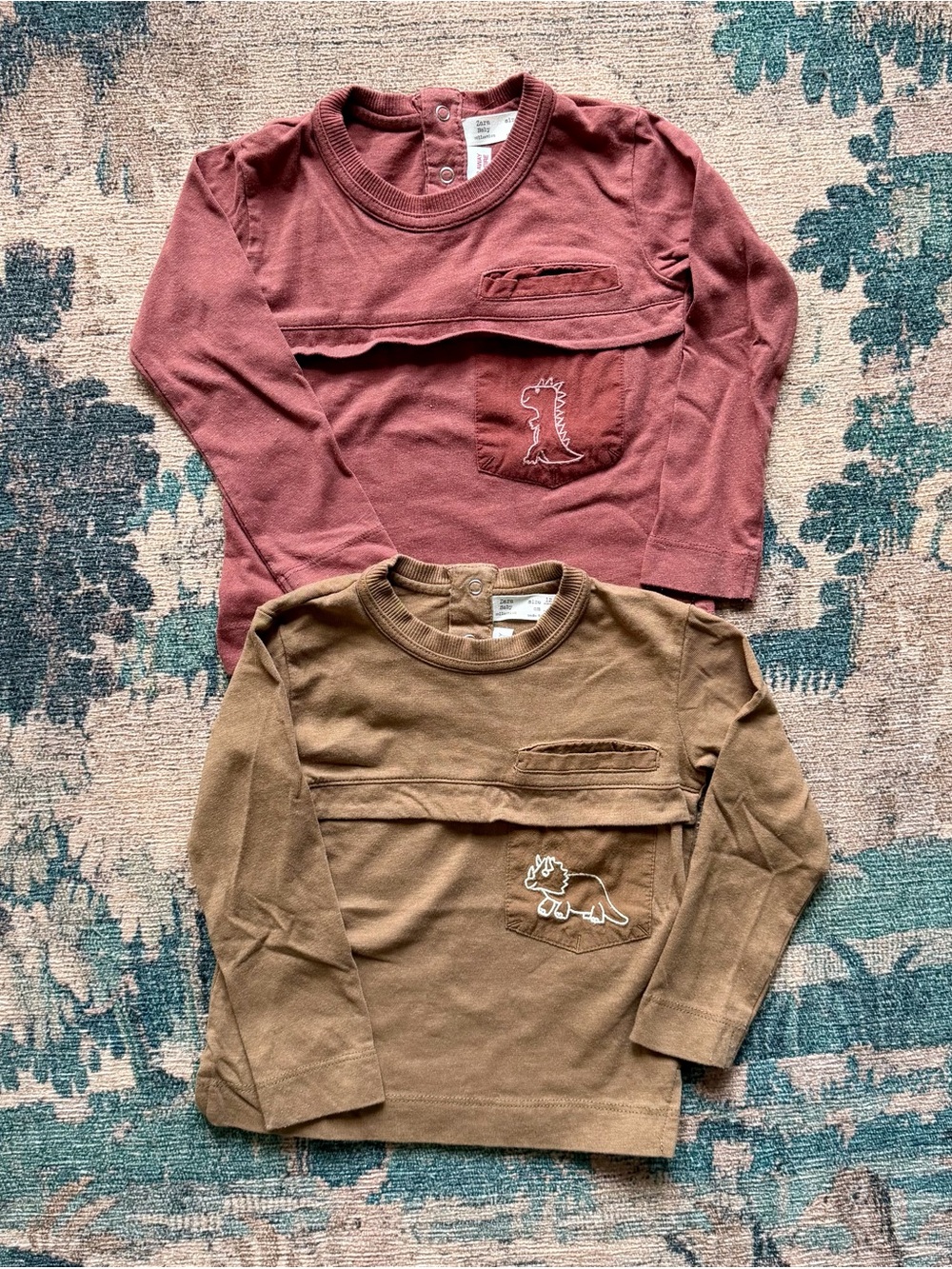 Bundle of Two Zara Baby Dinosaur Embroidered Pocket Long Sleeve Tees - 12-18 M